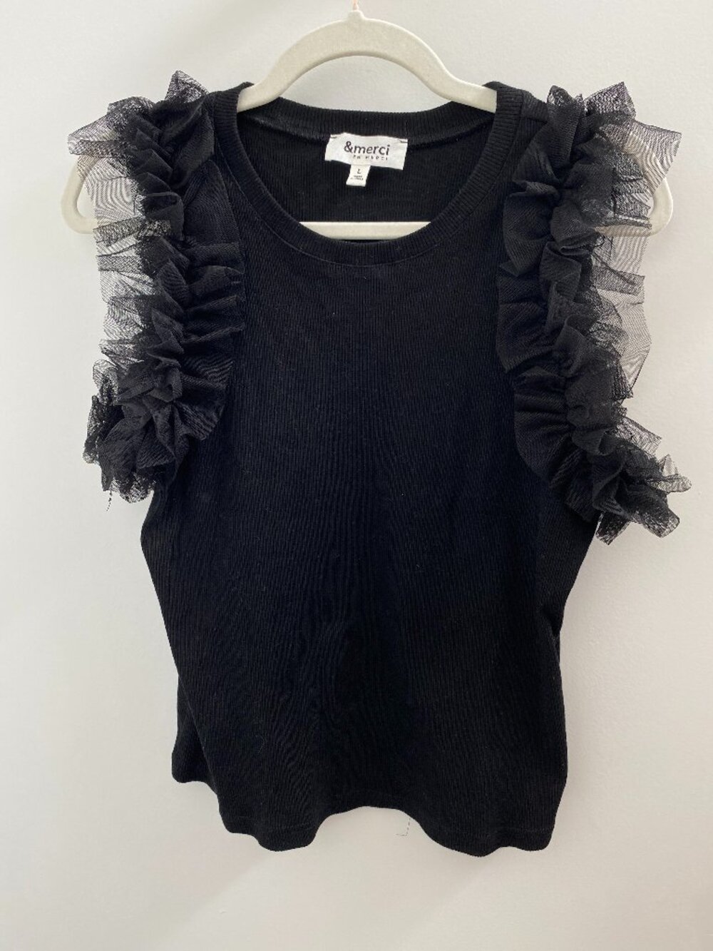 Black Tulle Shoulder Ribbed Tank Top by &Merci - Size Large